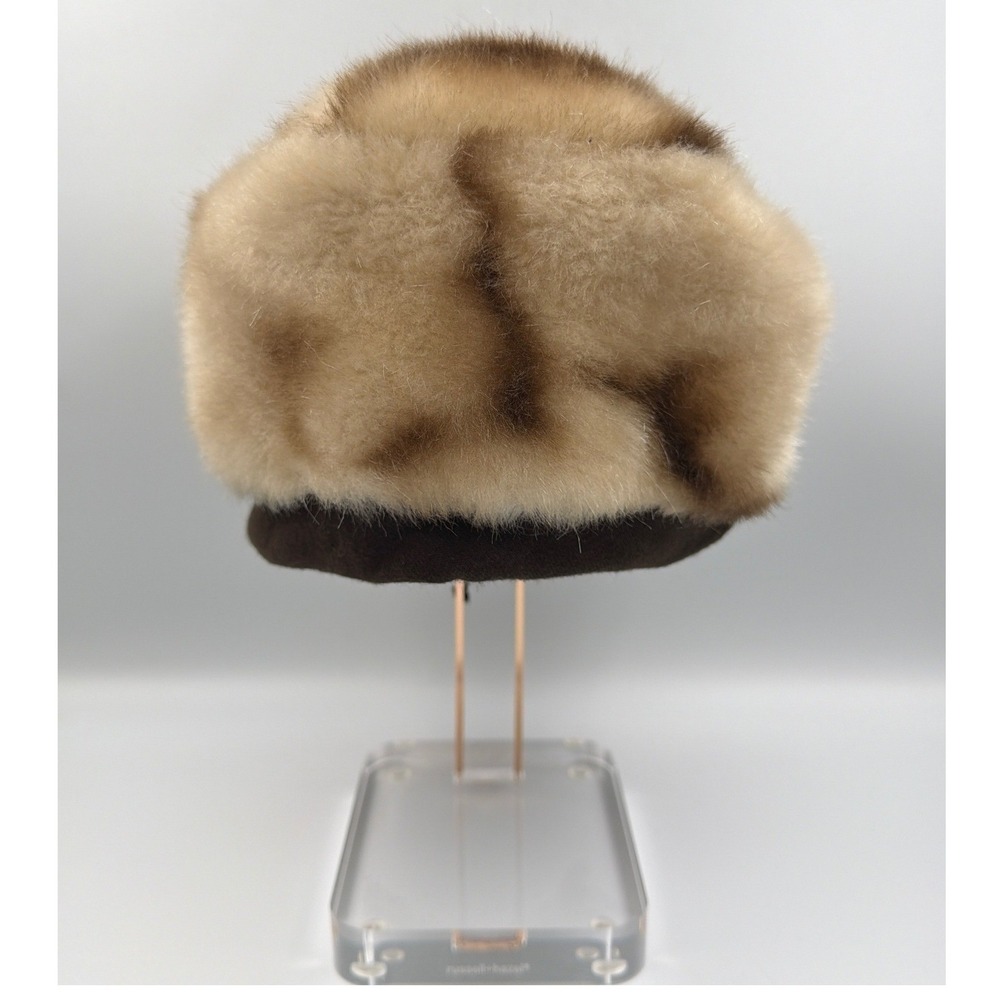 Vintage Faux Fur Cossack Hat Brown Tan Cozy Winter Cap Russian Style One Size